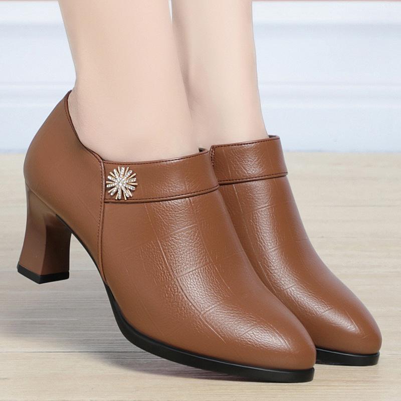 Comfortable Block High Heels Shoes Soft Leather 2024 Spring Autumn Elegant Office Ladies Short Plush Ankle Boots For Mom Model