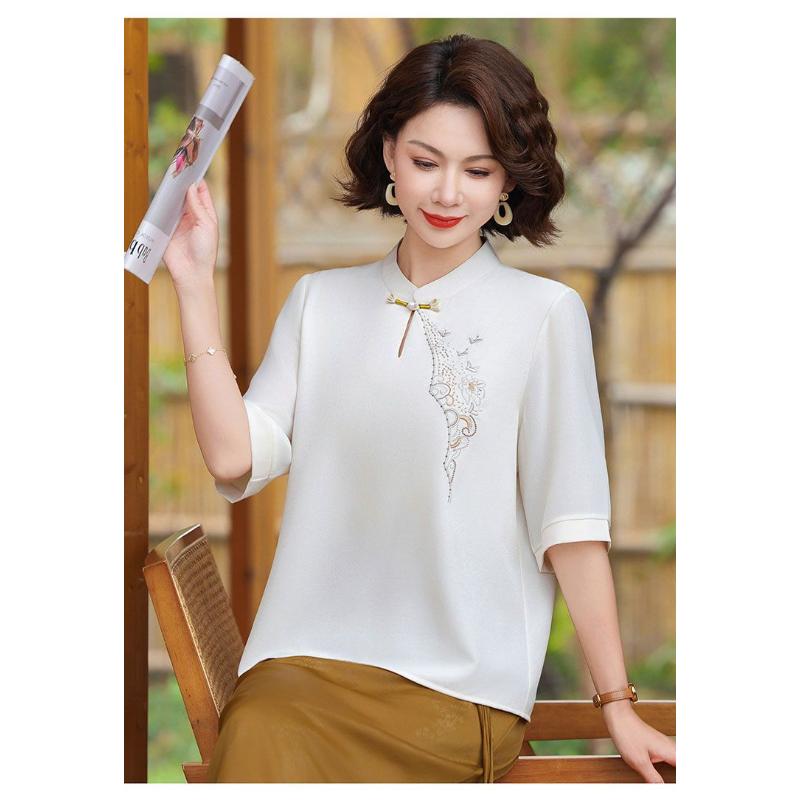 Chinesischer Stil Mandarin-Kragen Bluse Damen Bestickt Halbarm Chiffon Elegantes Oberteil