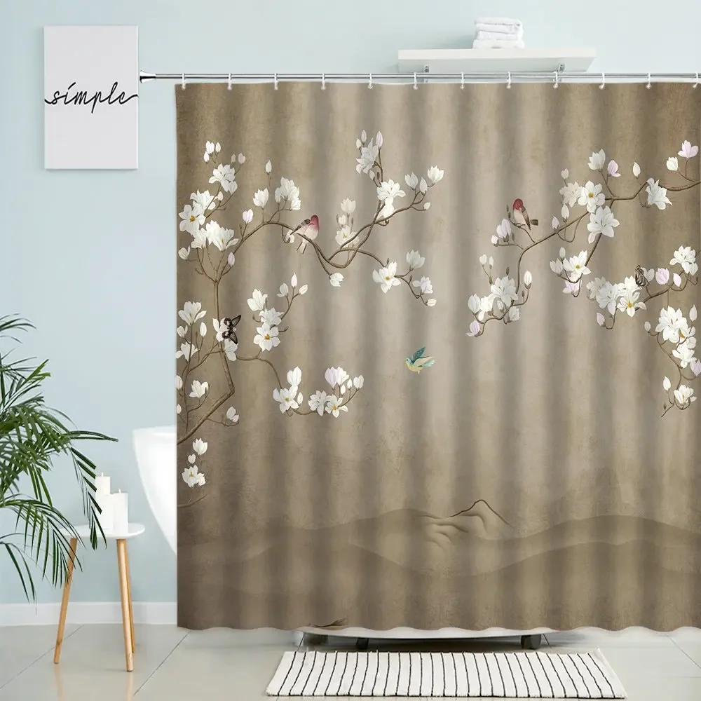 Chinese Landscape Shower Curtain Flowers Branches Plants Birds Animals Bathroom Wall Decor With Hook Waterproof Polyester Screen