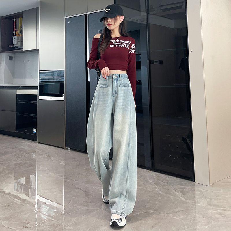 

Светло-голубые джинсы широкого кроя для женской весенней одежды, новые джинсы с высокой посадкой, стройнящие и свободные прямые брюки XXL