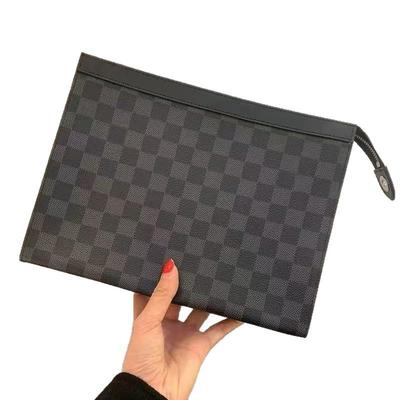 European and American Monogram Leather Men's Clutch Black Check Toiletry Envelope Bag