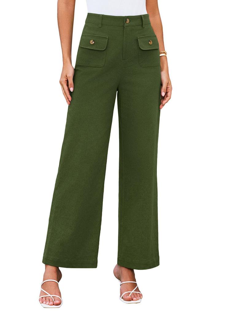 Women's High Waist Wide Leg Pants with Side Pockets and Snap Button In 9 Colors