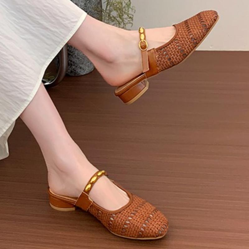 Fashion Designer Women's Weave Hollow Out Mules Slippers Fashion Shallow Slide Elegant Dress Slip-On Shoes Comfortable Ladies Footwear