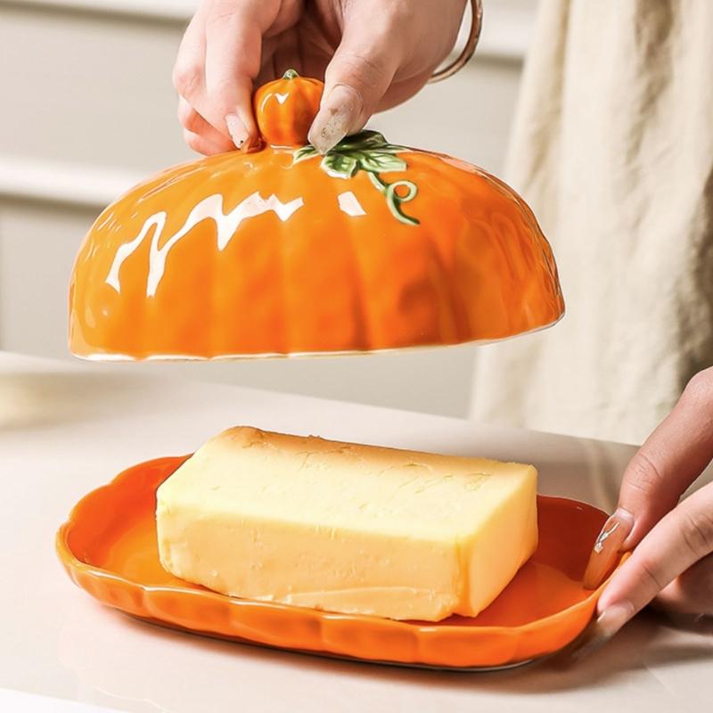 Pumpkin Butter Tray With Lid, Covered Container for Breakfast Bread, Dining Table, Refrigerator Storage, Thanksgiving Meals Use