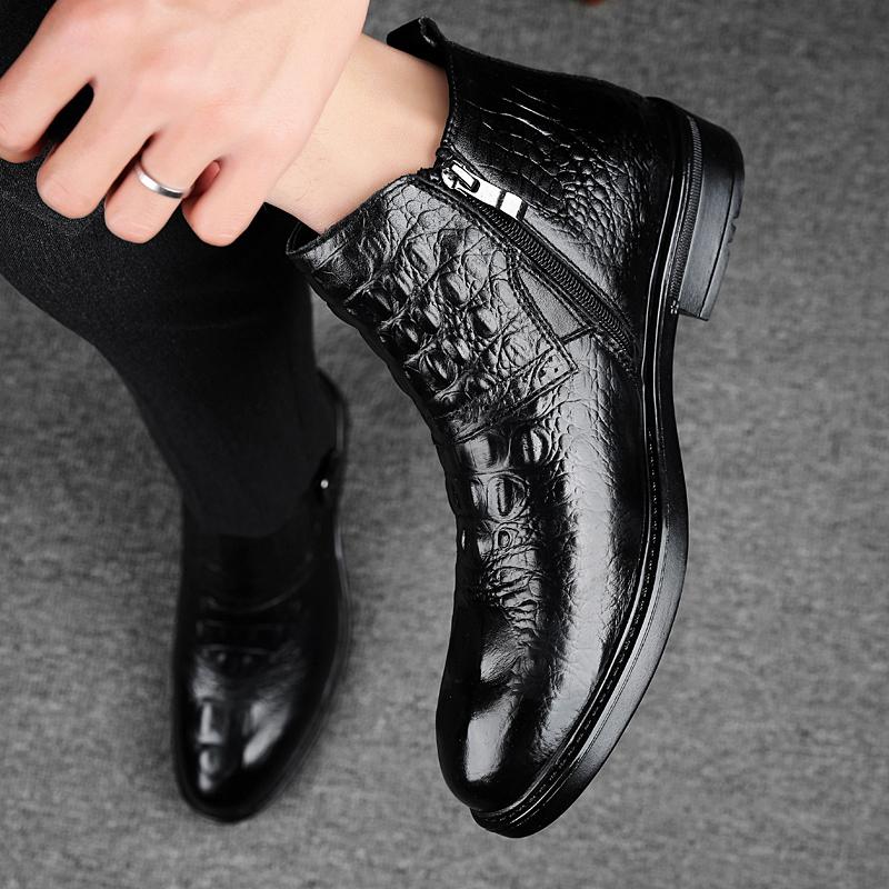 Fashion Fashion Crocodile Patterned Genuine Leather Mens Boots Luxury Brand Winter Fleece Warm Chelsea Boots High-quality Handmade Boots
