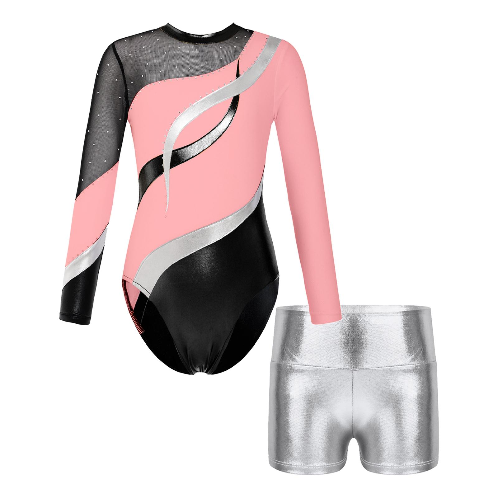 

Girls Long Sleeve Shiny Rhinestones Decorated Hollow Back Patchwork Leotard Metallic High Waist Shorts Dance Set 11-12 Years срібний/рожевий