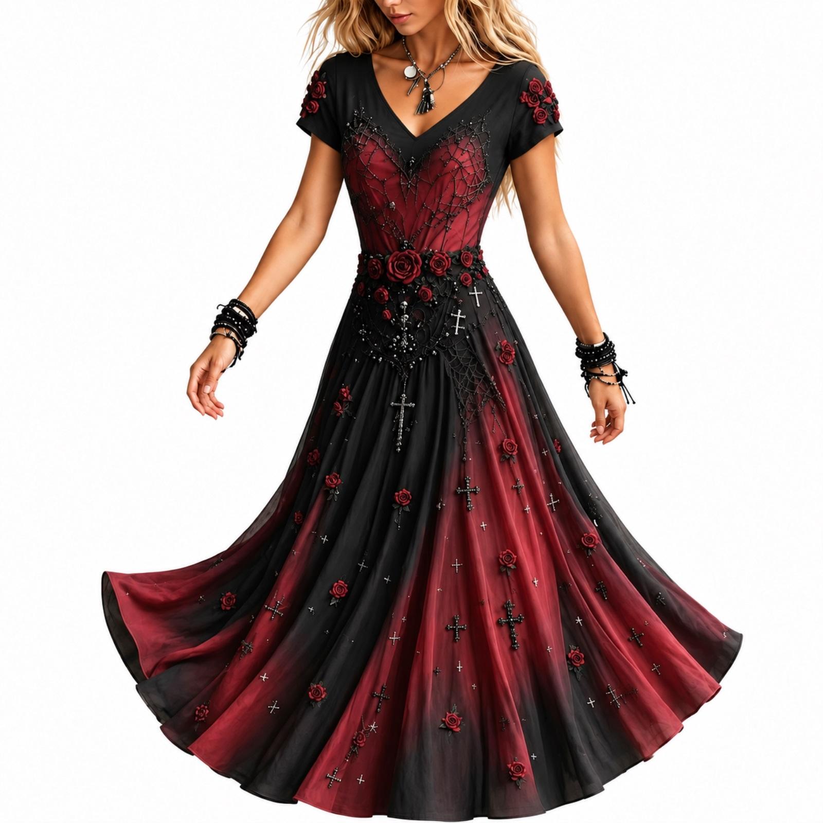Damen Halloween 3D-Druck V-Ausschnitt Ausgestelltes Langes Kleid für Partykleidung L weinrot