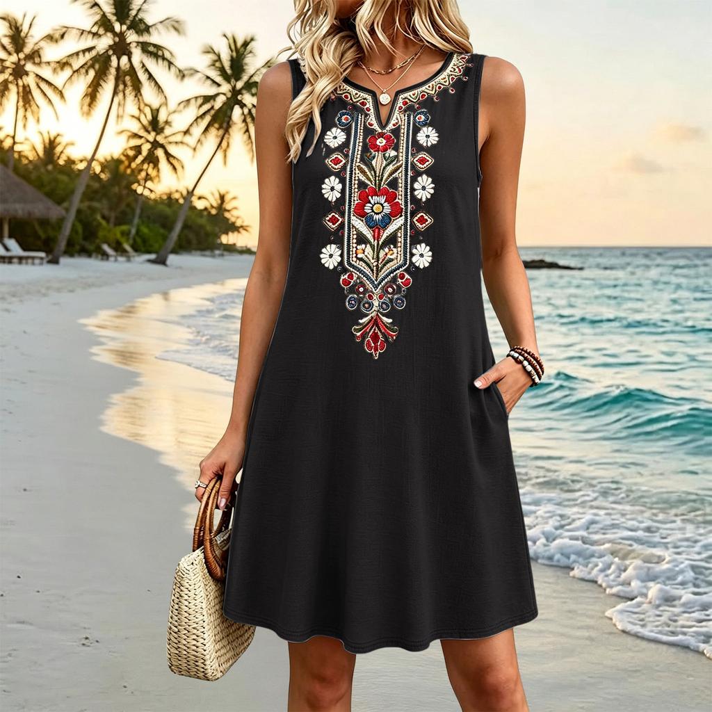Damen ärmelloses lässiges besticktes Kleid lockere Passform A-Linie Sommerkleid mit Taschen leichter bequemer Stoff