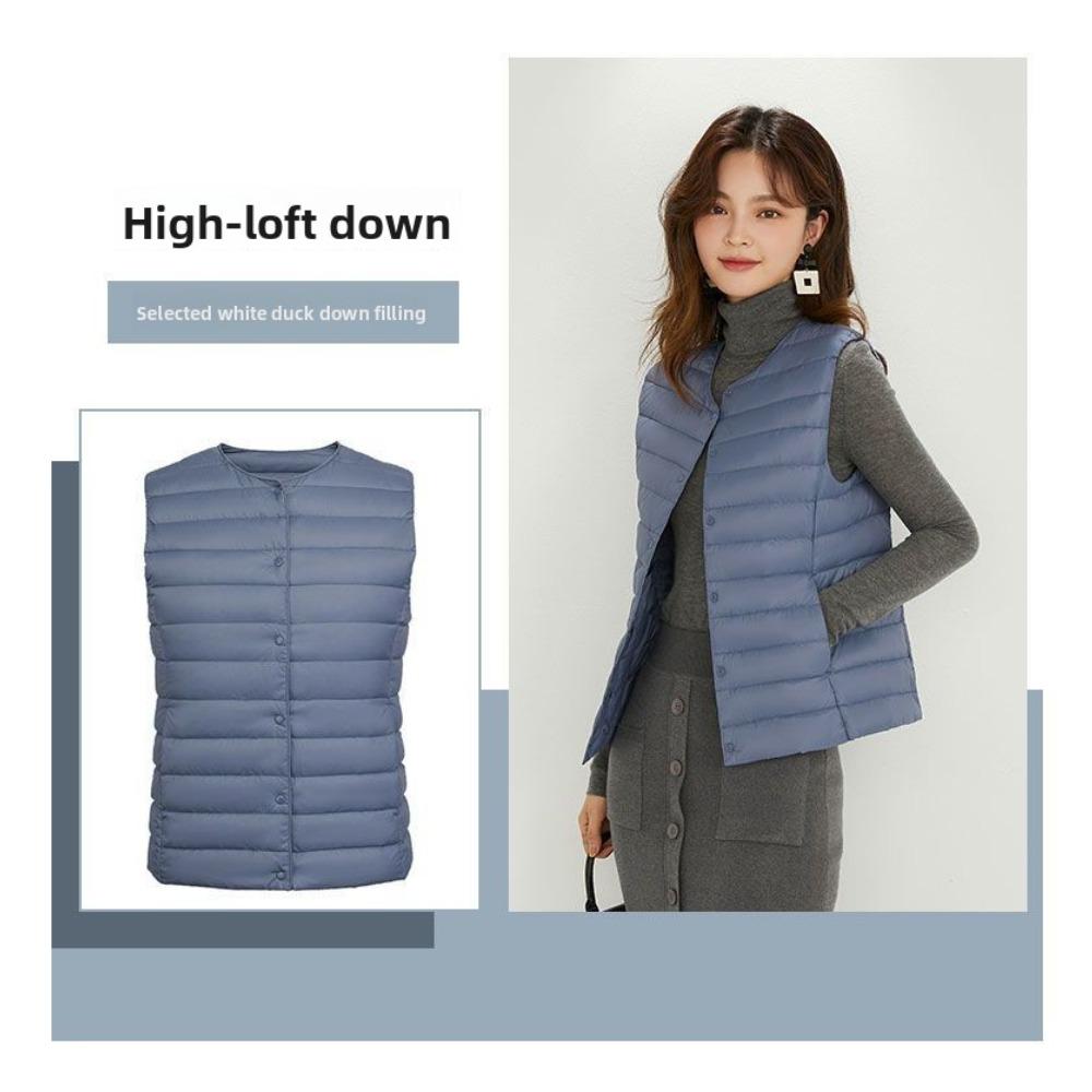 Women Collarless Down Vest Lightweight V Neck Warm Inner Liner Plus Size