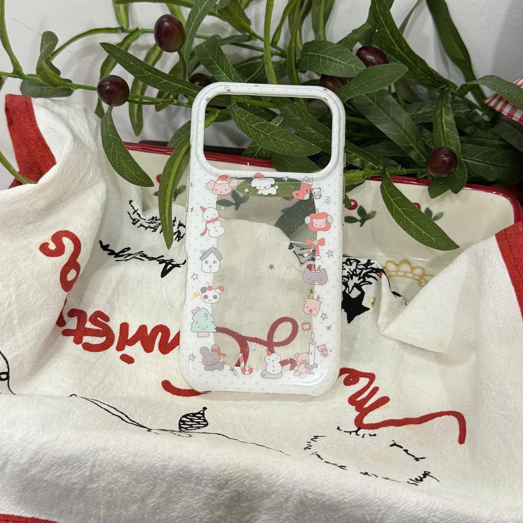 Festive Cute Cartoon White Sparkly Christmas Po Frame Phone Case for iPhone 17 16 15 14 11 12 13 Pro Max Plus Back Cover