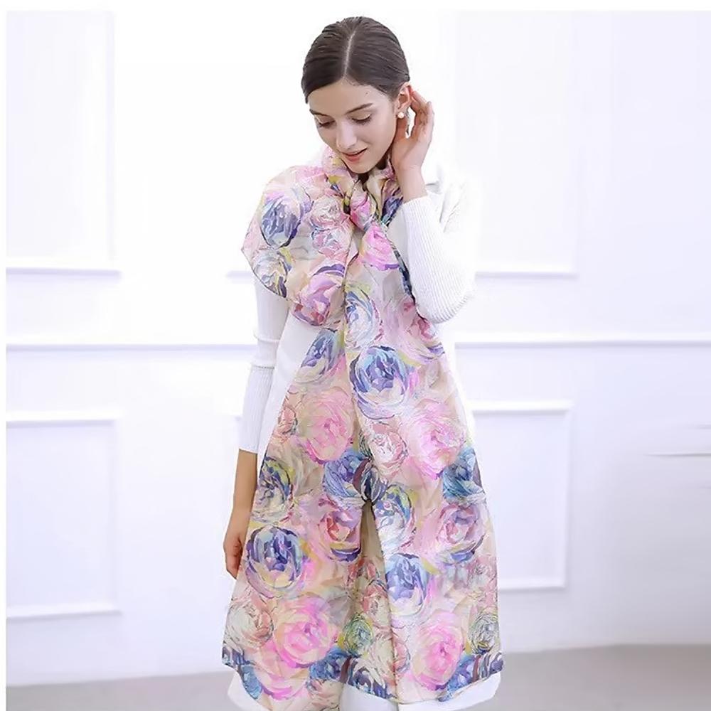Bysifa|Beige Blue Silk Scarf Shawl Women Floral Print Scarf Cape Fall Winter 100% Mulberry Silk Long Scarves Summer Beach Shawls