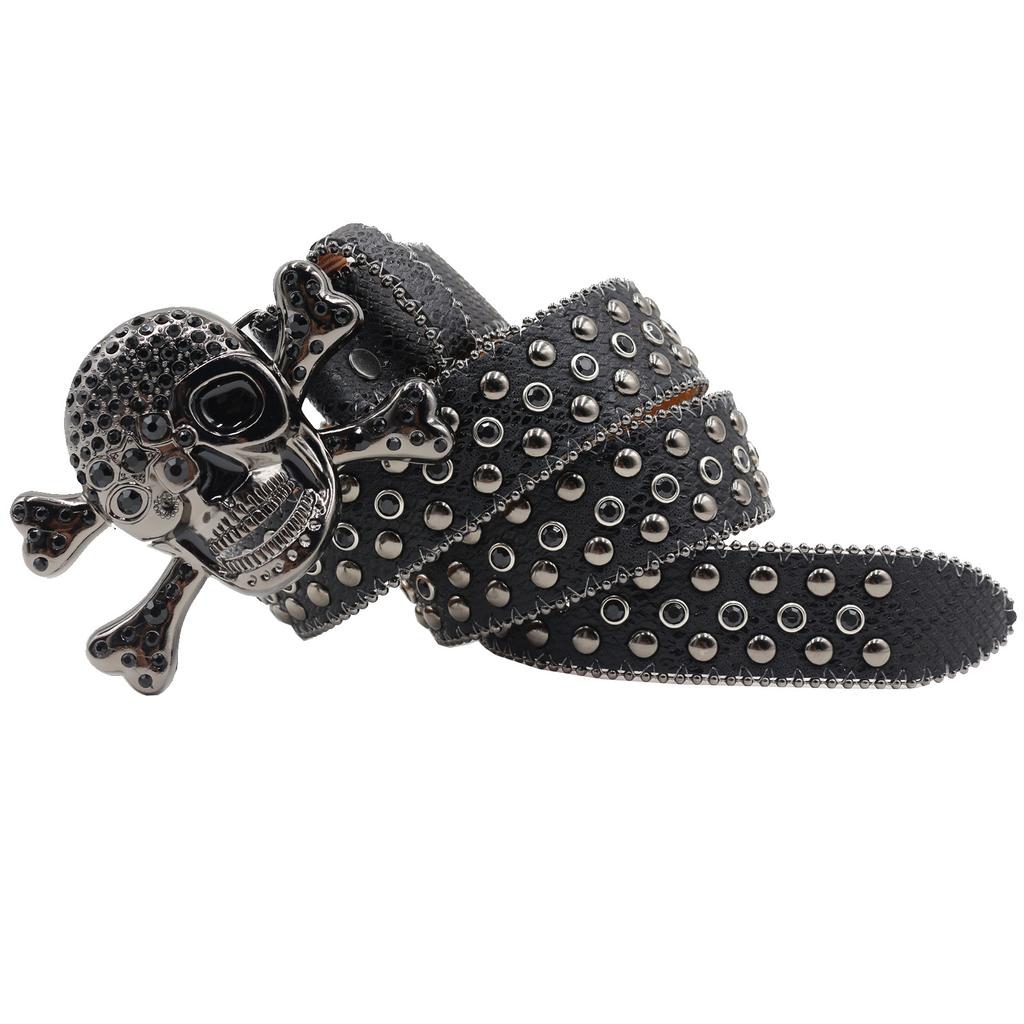 Snake Pattern Diamond Skull Belt Pin Buckle Retro Rhinestone Men and Women Denim Belt Fashion Hip-hop Punk Outfit