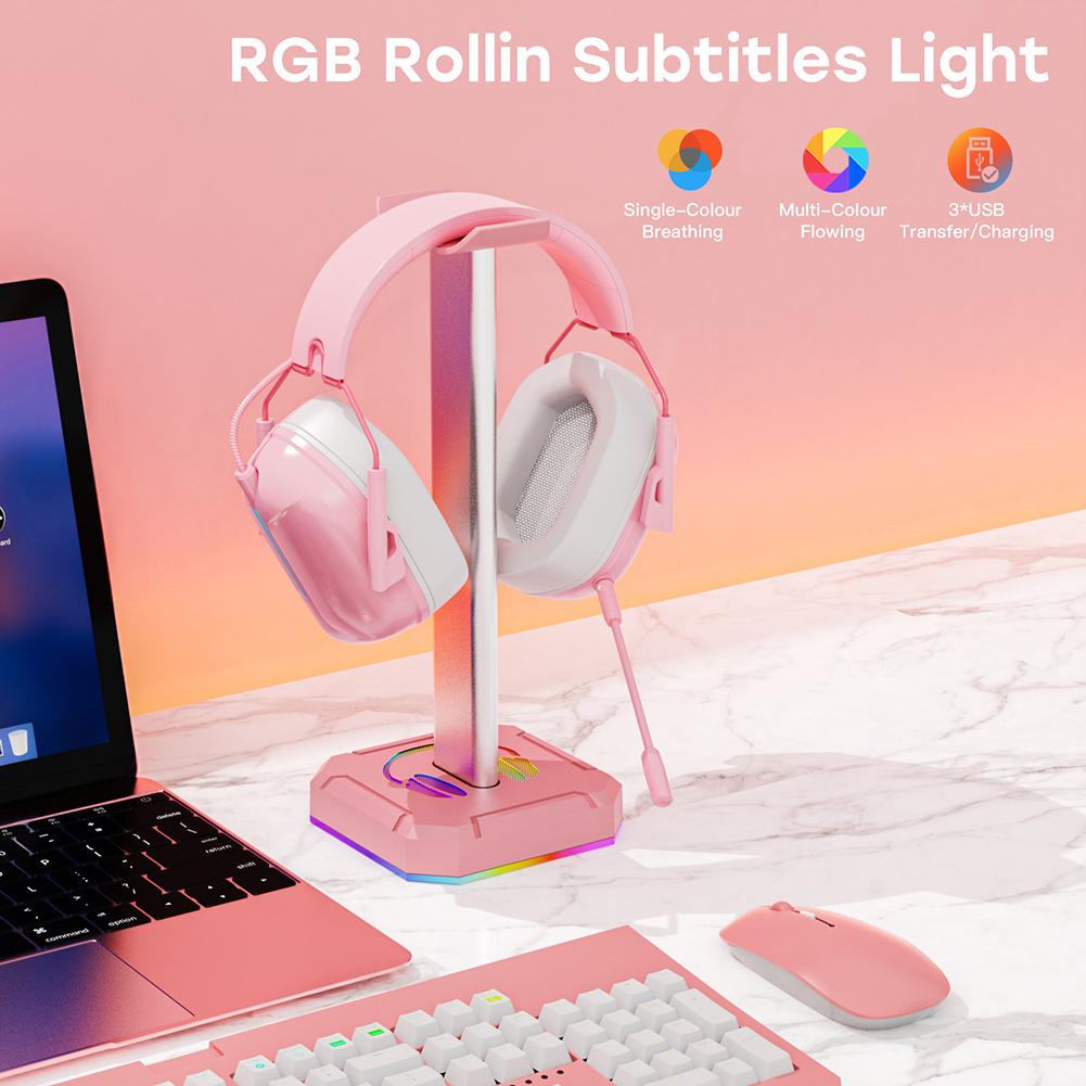 RGB Gaming Headphone Stand Over-ear Headset Desk Bracket Desktop Computer Earphone Display Holder Luminous with 3 USB Ports