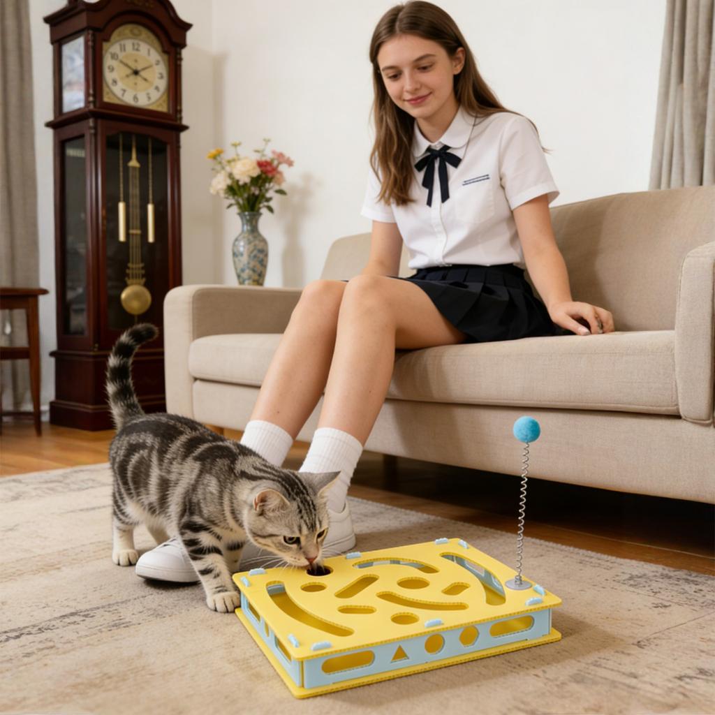 Interaktives Katzenpuzzle Schaufelspielzeug - Labyrinthspielzeug mit Glöckchenbällen & Federstab für Katzen-Selbstbeschäftigung, Langeweilevertreibung & Naturfreisetzung