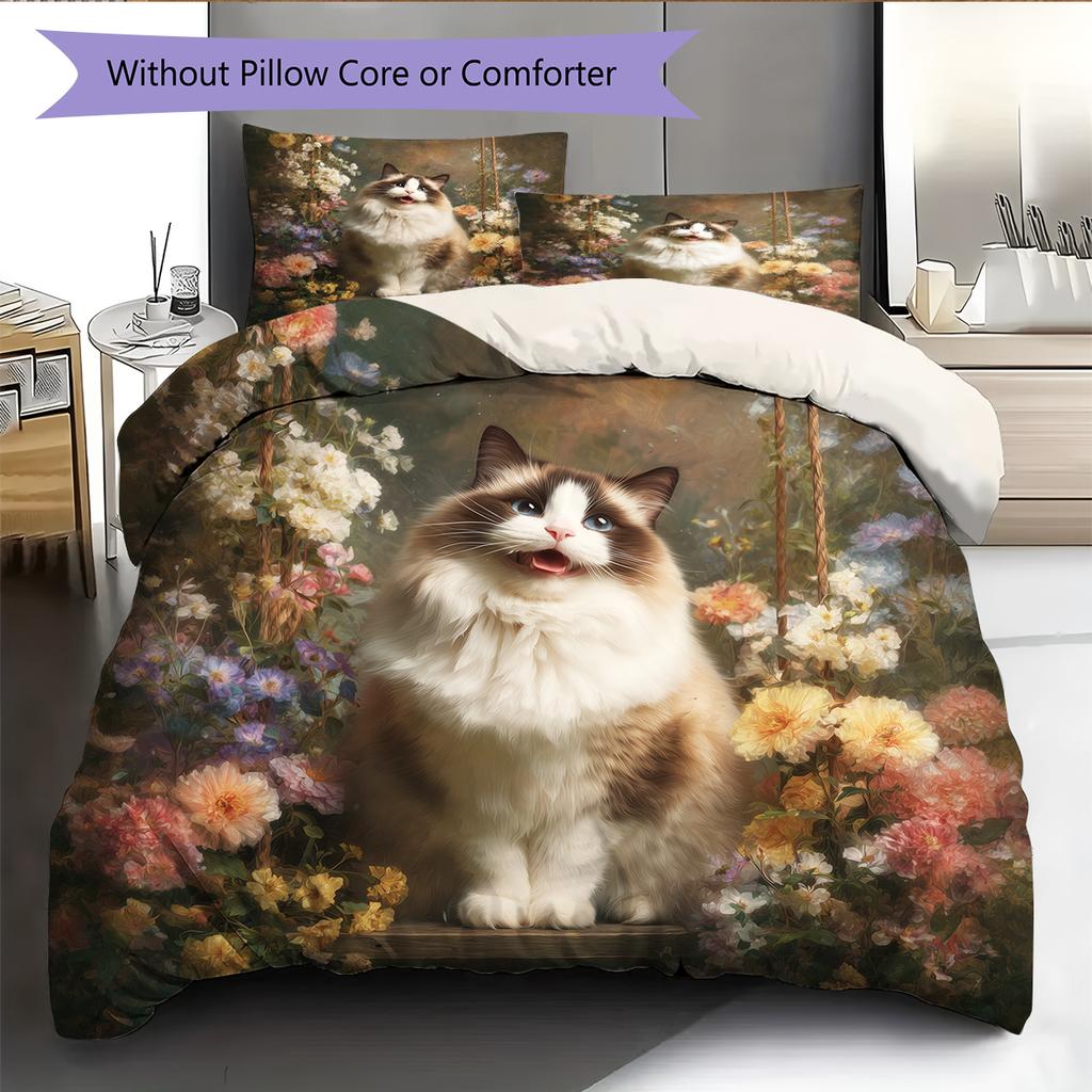 Ragdoll Cat and Fresh Flowers Pattern Bedding Home Decoration Birthday Gift (1 * Duvet Cover + 2 * Pillowcase, Without Core)