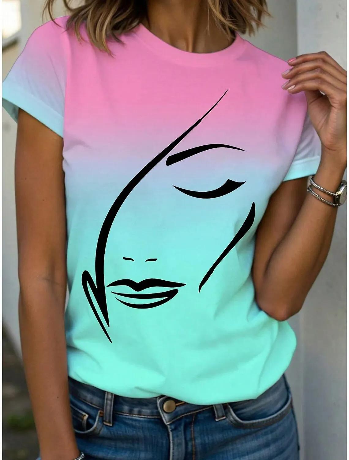 

Summer Abstract Face 3D Print T-shirts Women Streetwear Casual Fashion Y2k Short Sleeve T Shirt O-neck Tees Tops Clothing S