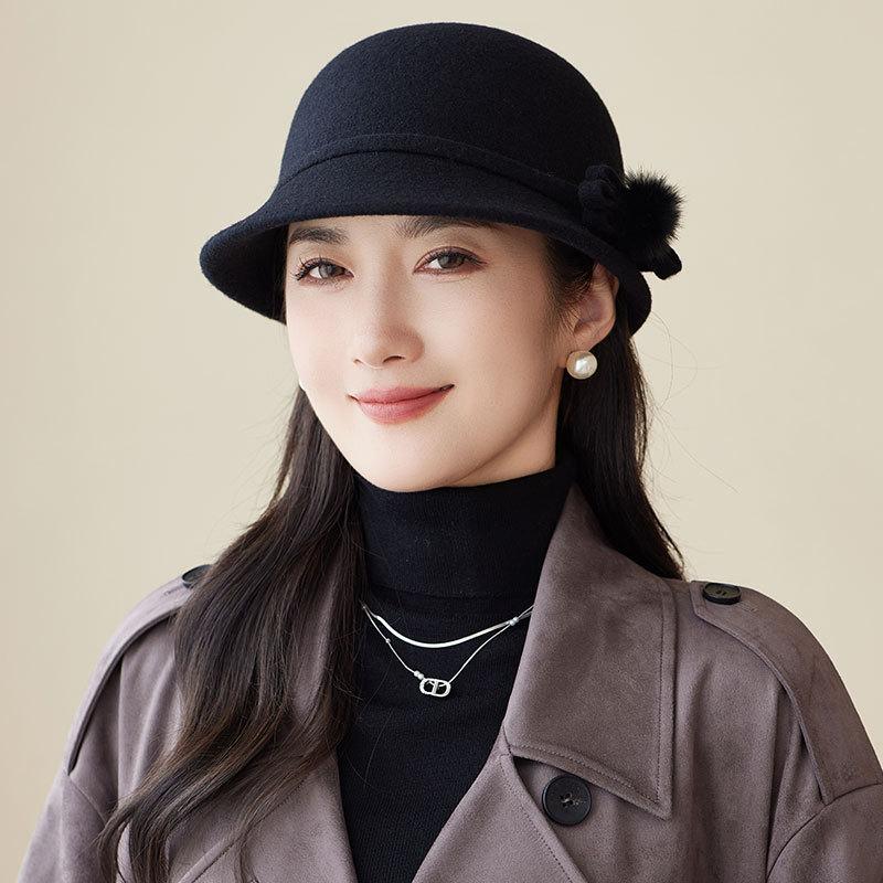Autumn and Winter Basin Hat Retro Hepburn Style Bow Bucket Hat Ladies Elegant Woolen Fashion Basin Hat