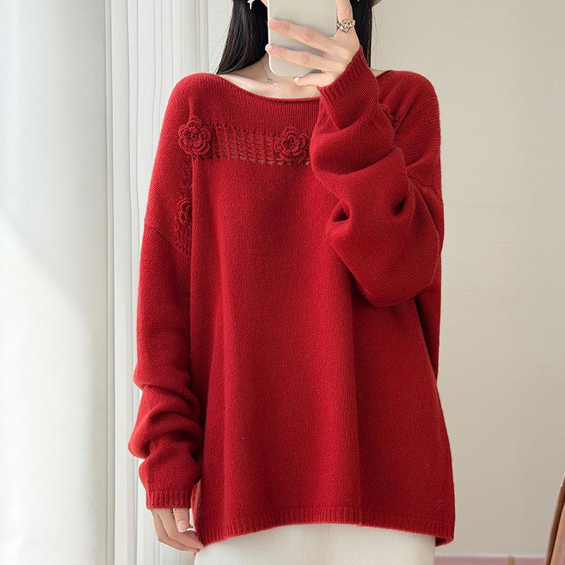 2026 Autumn/Winter Pure Wool One-Shoulder Knit Sweater with 3D Embroidery