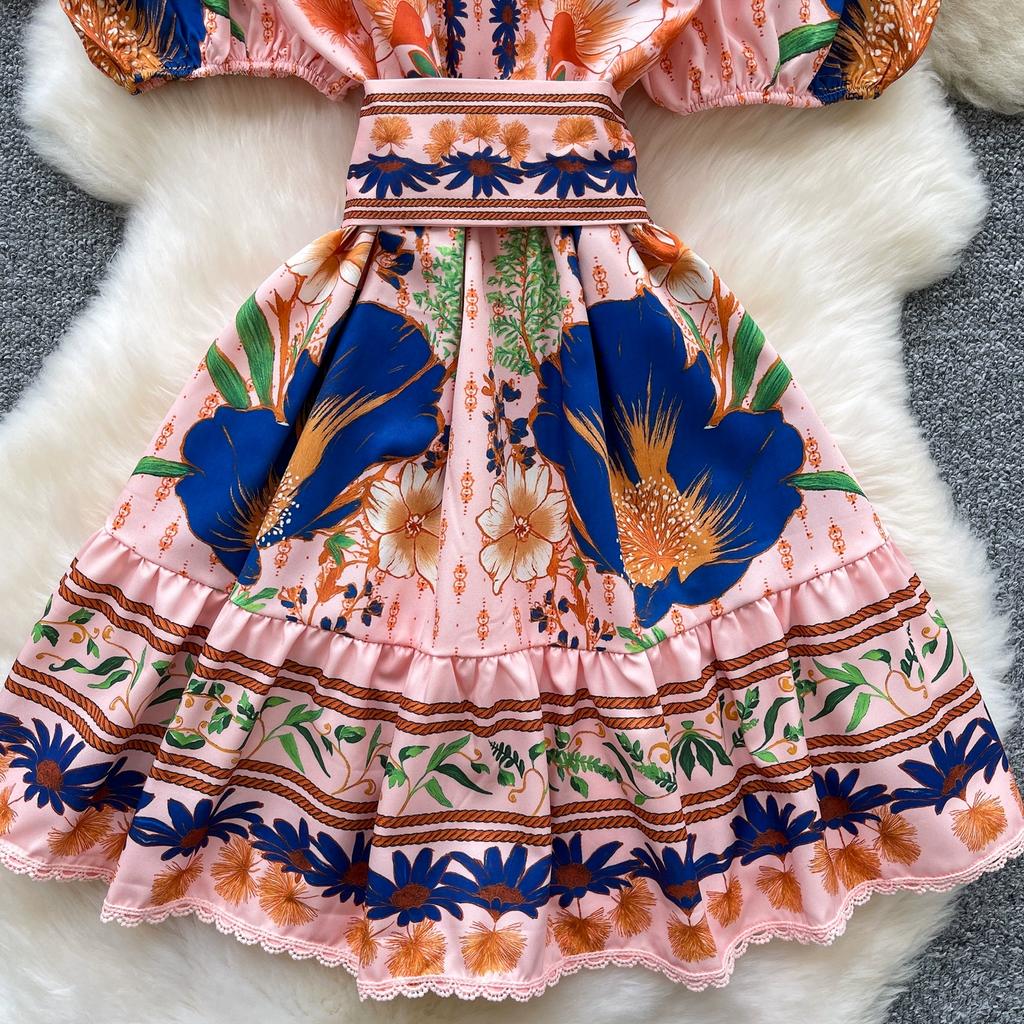 Summer Women Stand Collar Puff Sleeve Single Breasted Lace Patchwork Print Mini Short Party Dresses