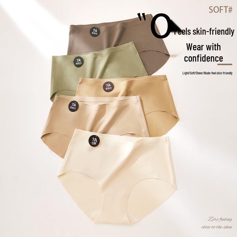 Women's Seamless Mid-Waist Triangle Panties with Antibacterial Mulberry Silk Crotch - Comfortable, Close-Fitting, and Skin-Friendly.