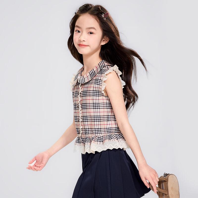 Princess YUAN YUAN Girls' French Plaid Lace Sleeveless Shirt