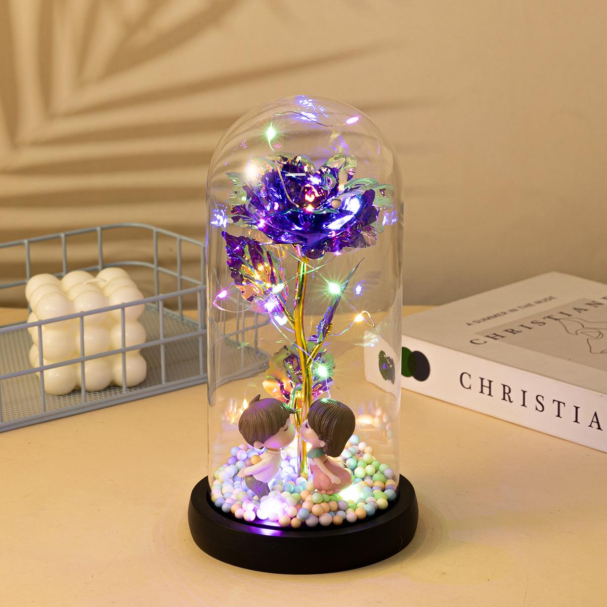 

Вечная роза из золотой фольги в стеклянном куполе со светодиодной подсветкой – Валентинка и рождественское подарочное украшение фиолетовый