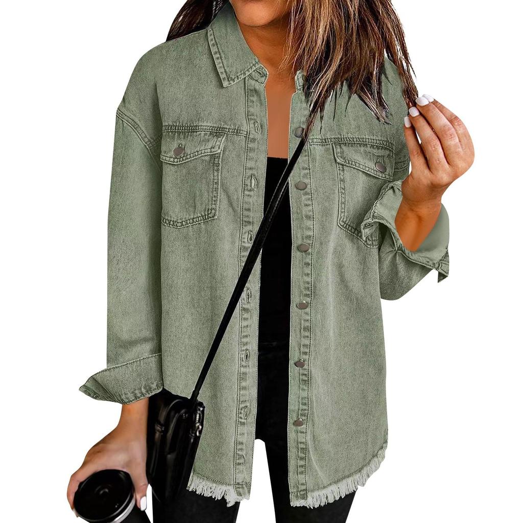 Chaqueta vaquera de moda para mujer, chaqueta informal de manga larga con botones y dobladillo fresado