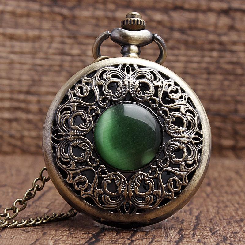 Bronze Hollow Imitation Jade Stone Necklace Pendants Decorated Dan Green Chian MenWomen Pocket Watch