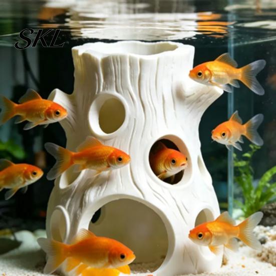 Reliable Aquarium Habitat 2Pcs 3D Printed Tree Stump Fish Shelter, Tank Landscaping Decoration Ornaments, Multiple Holes Hiding Cave for Durable Resin