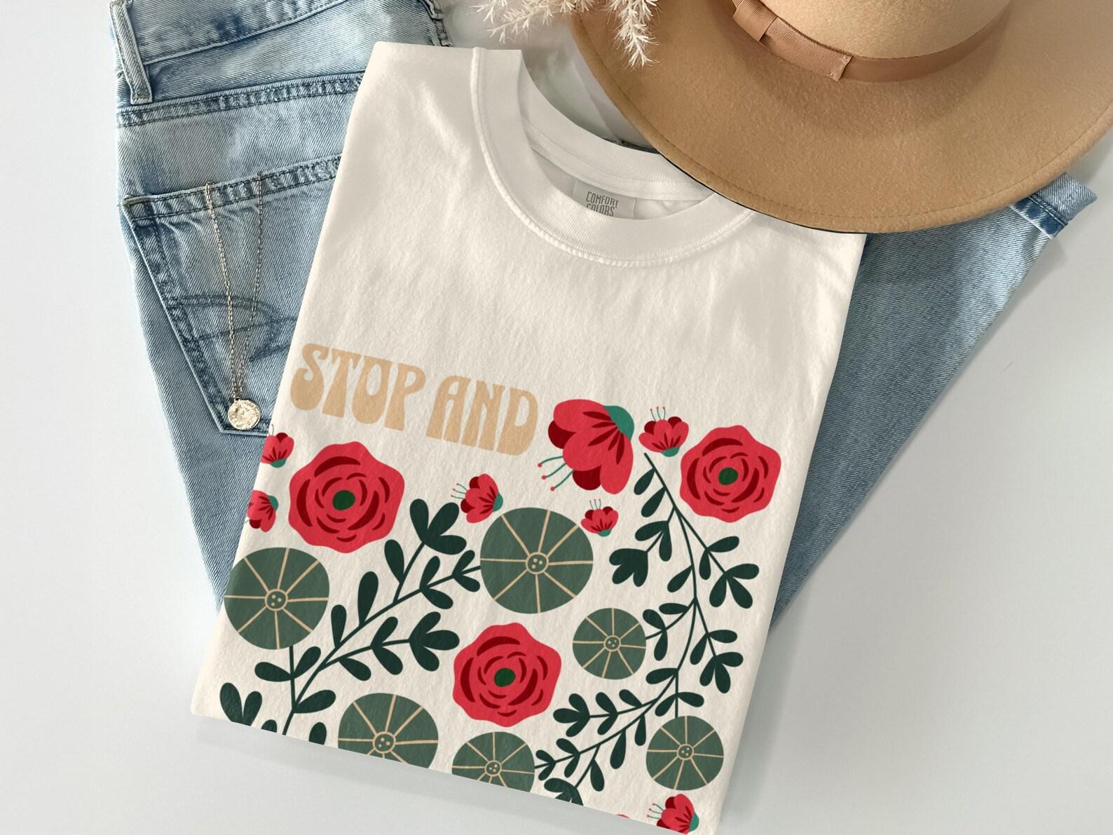 Stop and Smell the Roses Boho Floral T-Shirt, Retro Rose Graphic Top S