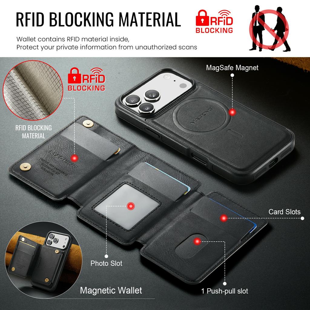 MAGKING K3 Series For iPhone 17 Pro Case Compatible with MagSafe Wallet PC + TPU + PU Phone Cover