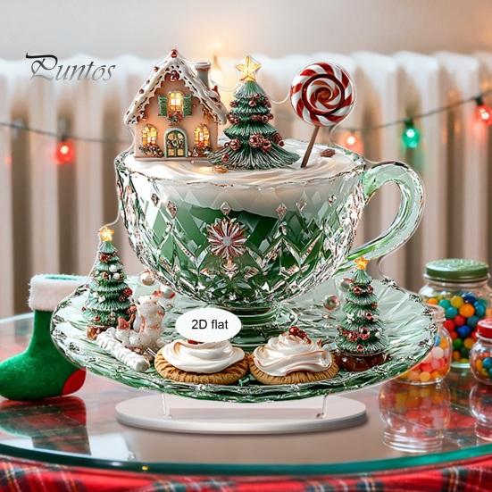 Seasonal Shelf Decorations Cartoon Christmas Coffee Cup House Ornaments, 2D Acrylic Tree Tabletop Cute Holiday Home Accents Decor, Mini Decor for Desk