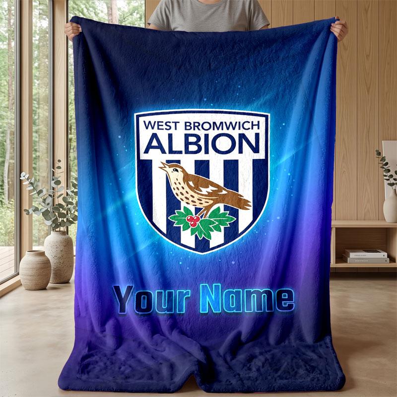 West Bromwich Albion FC Custom Name Text Flannel Blanket Soccer Logo Personalized Fleece Throw Blanket Special Gift For Sofa Bedroom Home