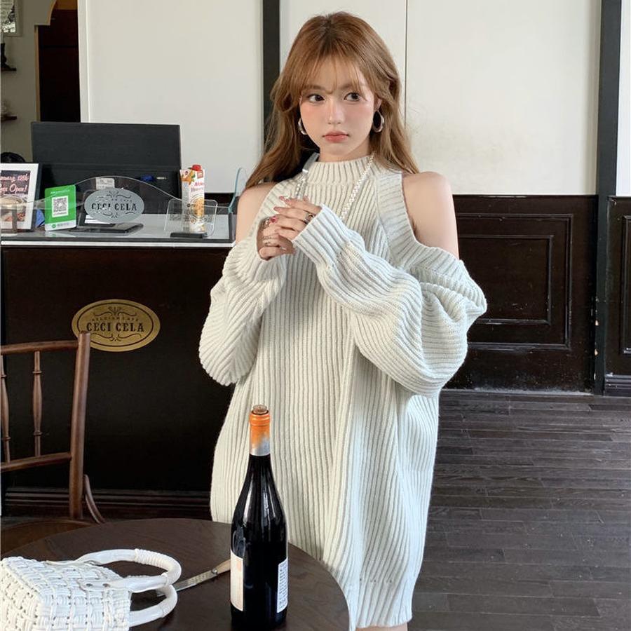 Oversized Ribbed Knit Sweater for Women - Korean Style, Lazy Style, Hole Cutout, Long Sleeve