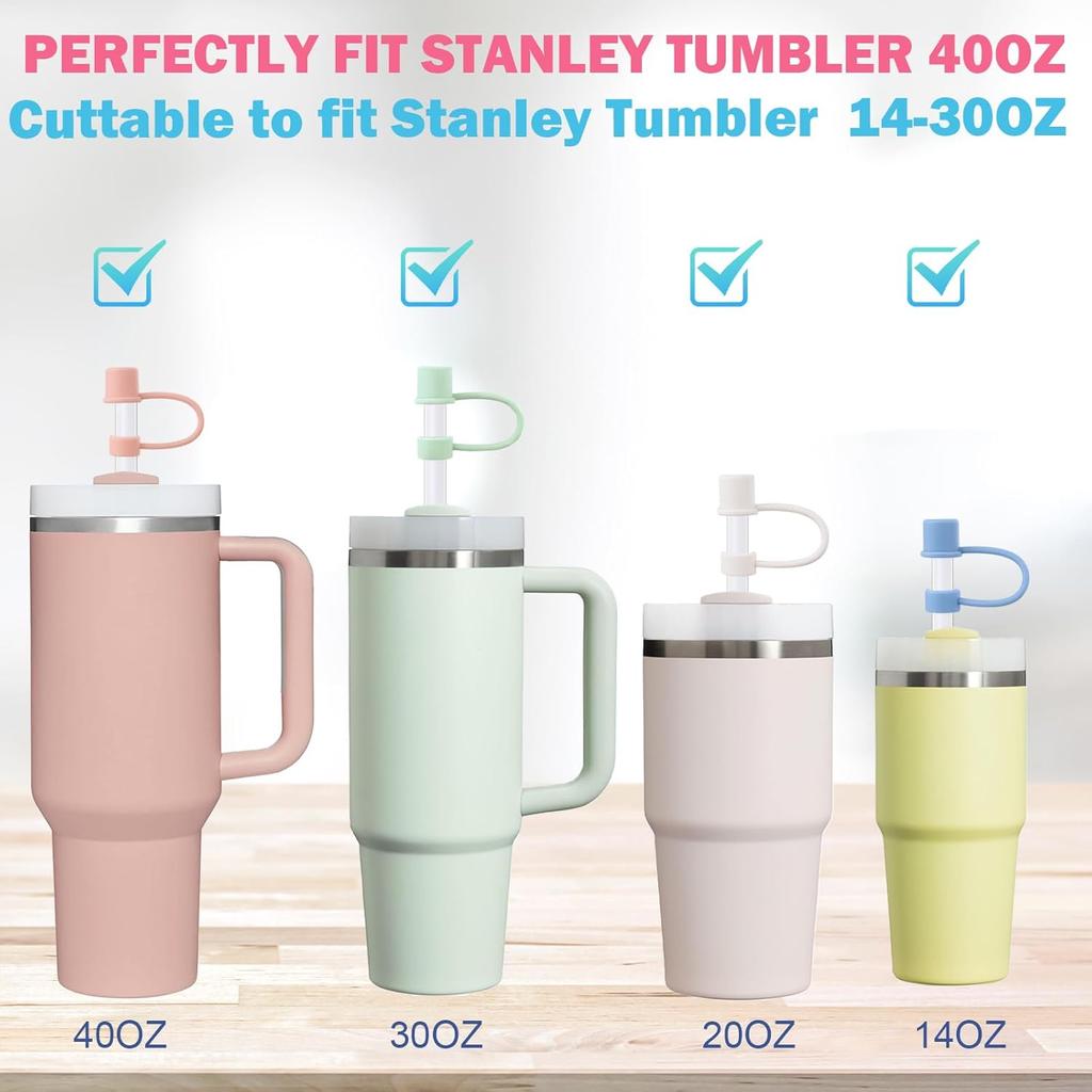 6 Plastic Straws Reble for Stanley Tumbler 30 Oz 40 Oz, 12 Inch Straight Replacement Straw with 6 Colorful Straw Covers, 2 Cleaning Brushes for