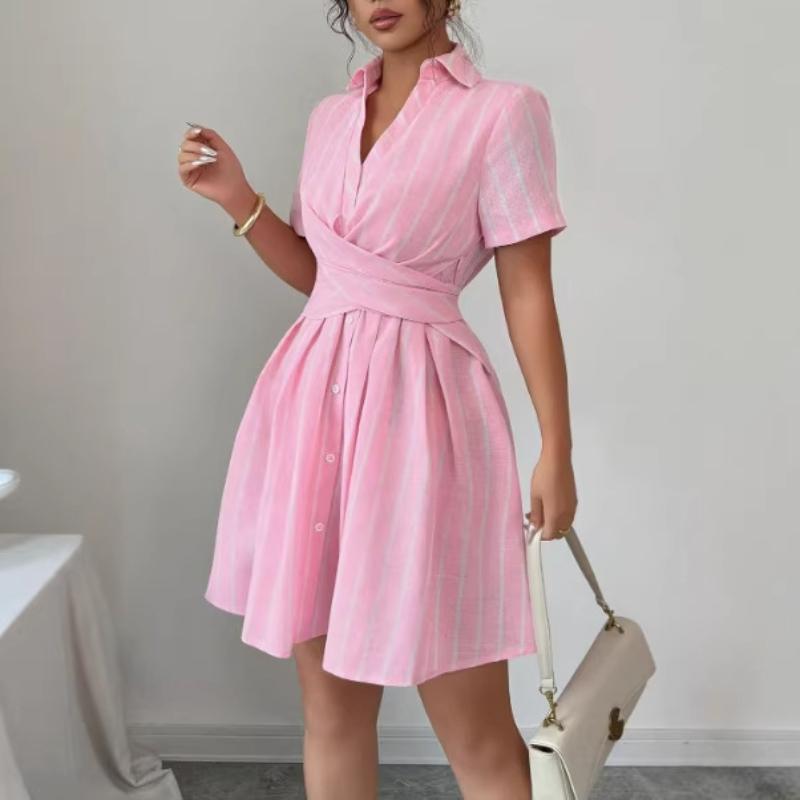 

Women s Summer Striped Shirt Mini Dress Collared V Neck Short Sleeve Crisscross Tie Waist Button Front A-Line Elegant Casual Daily Dress XL рожевий