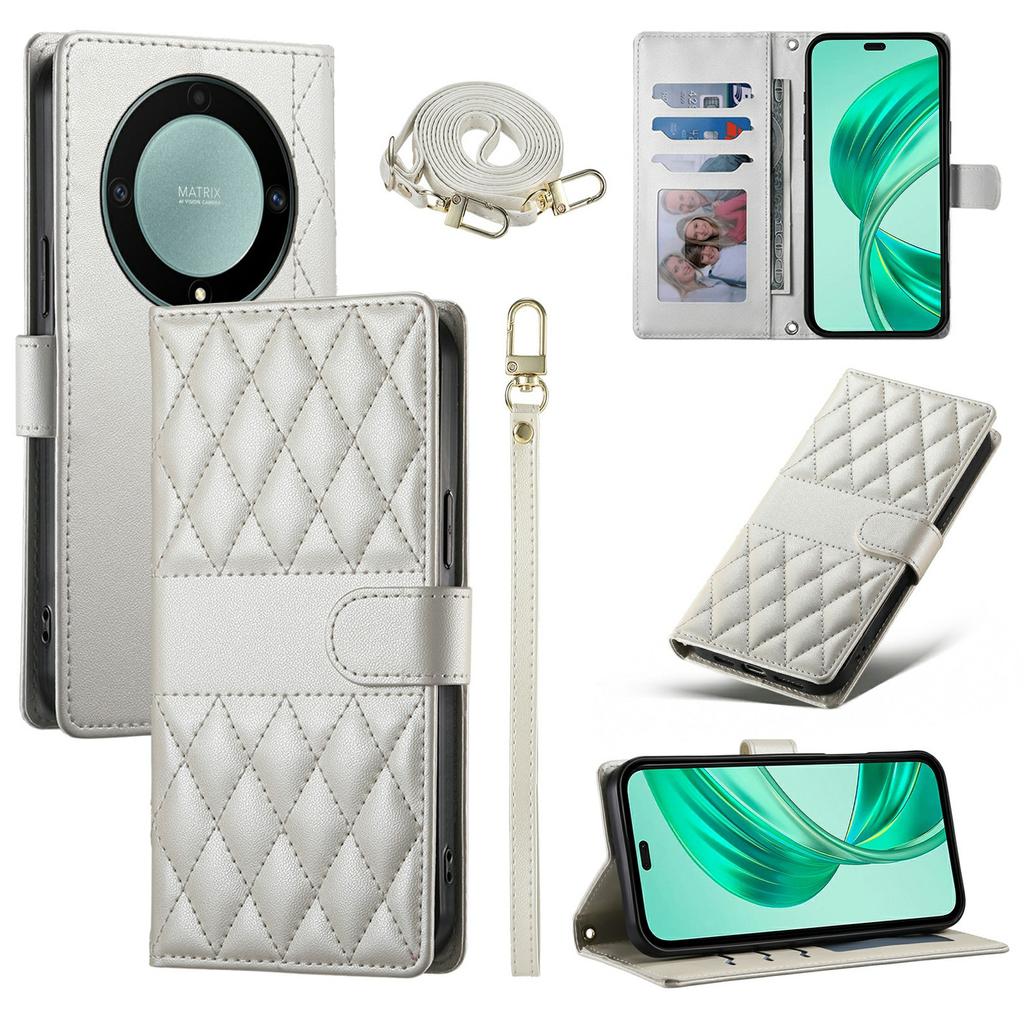 Wallet Case for Honor Magic8 Lite 5G/X70 5G/X9d 5G Rhombus Stitching Stand Leather Phone Cover with Long/Short Strap