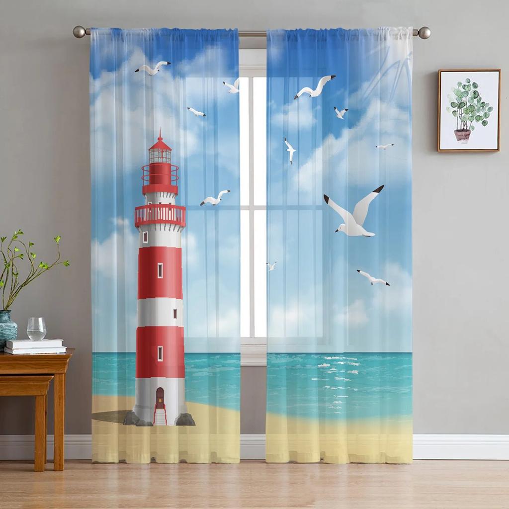 Sea Beach Lighthouse Starfish Seagull Sheer Window Curtains For Living Room Bedroom Modern Tulle Curtains Fabric Drapes