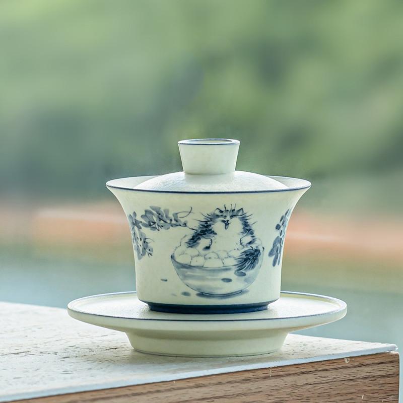 Китайская ретро керамическая гайвань ручной работы милый кот чайная чаша дорожная портативная чайная чашка домашняя чайная миска чайная посуда аксессуары 140 мл 12.6x9.6cm   140ml