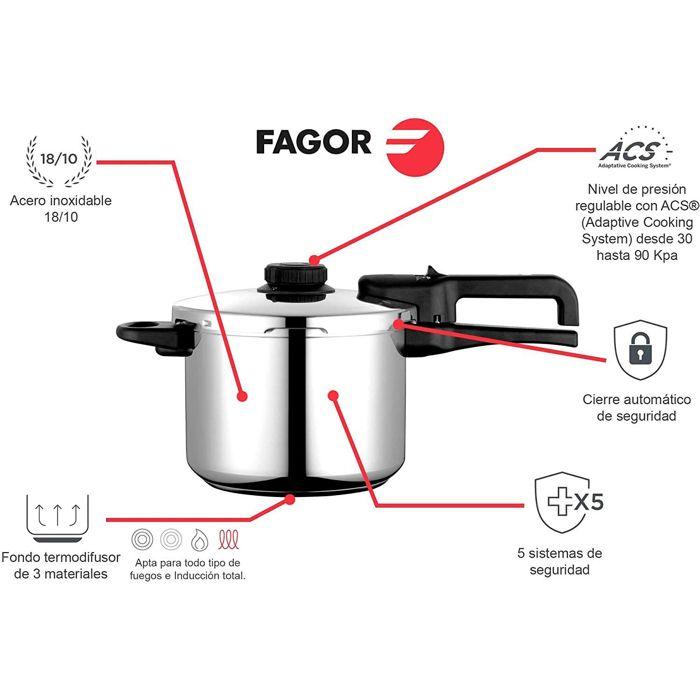 Autocuiseur 8 Litres, Induction, Acier Inoxydable 18/10, Régulateur de Pression FAGOR DUAL Xpress 8 Argent 800147