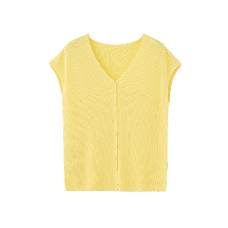 Summer Light Oxygen Series Tencel Acetic Acid Sleeveless Neck Knitted Cardigan Women's Skin-friendly and Breathable Short Sleeve Thin Inside