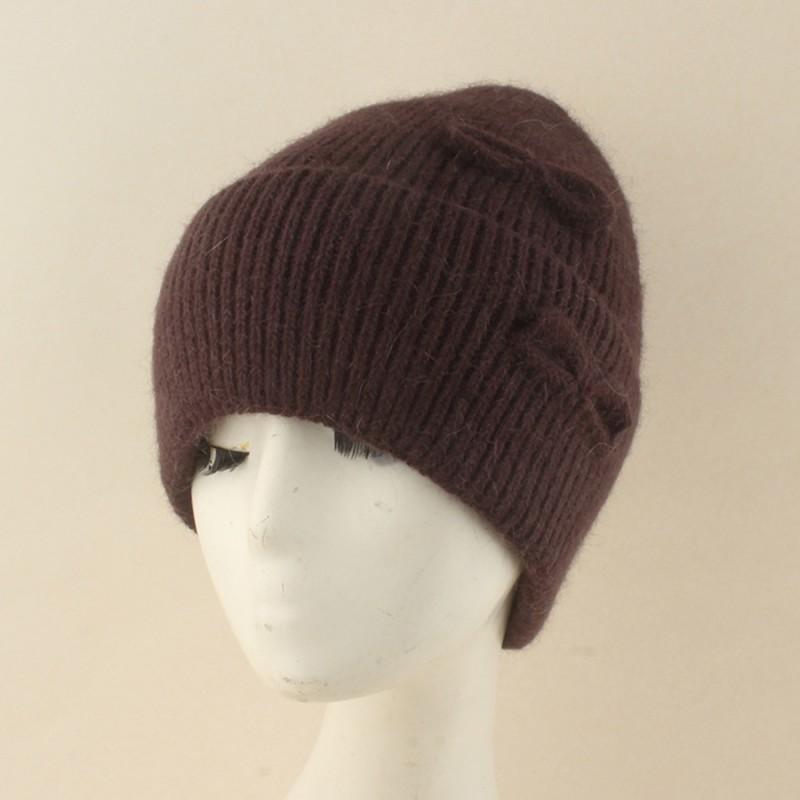 Womens Angora Wool Knit Beanie Hat With Bow Detail Winter Warm Cap High Crown Foldable