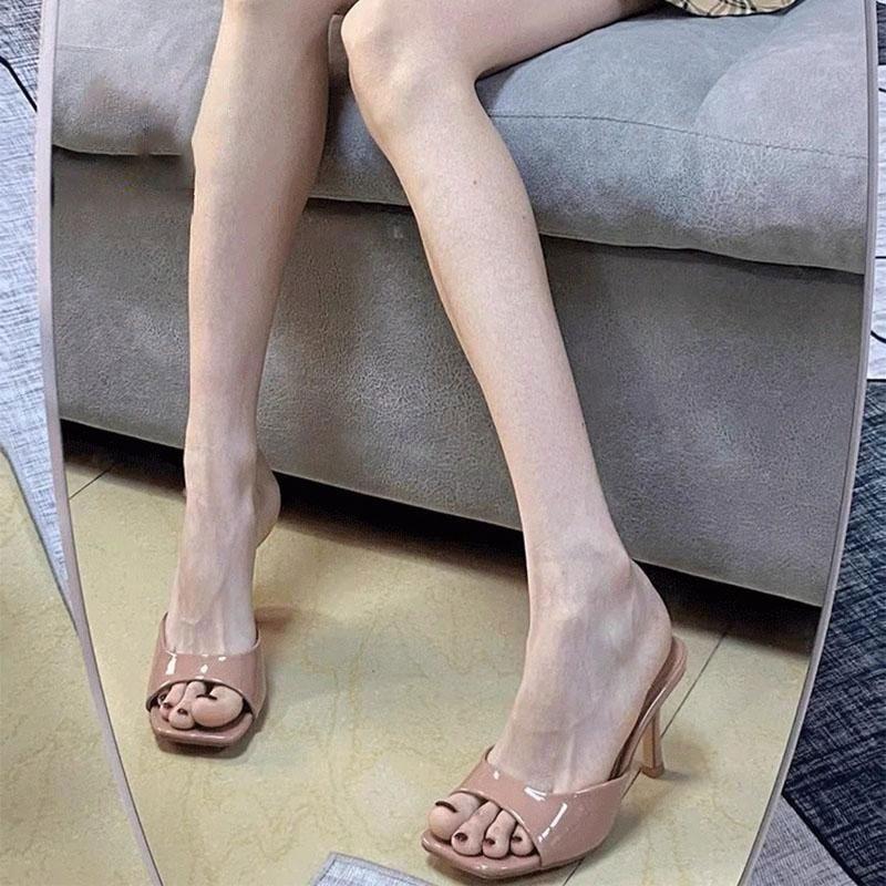 2025 new summer sandals nude high heels women's slippers women's outer wear stiletto temperament Korean version of one-word sandals tide