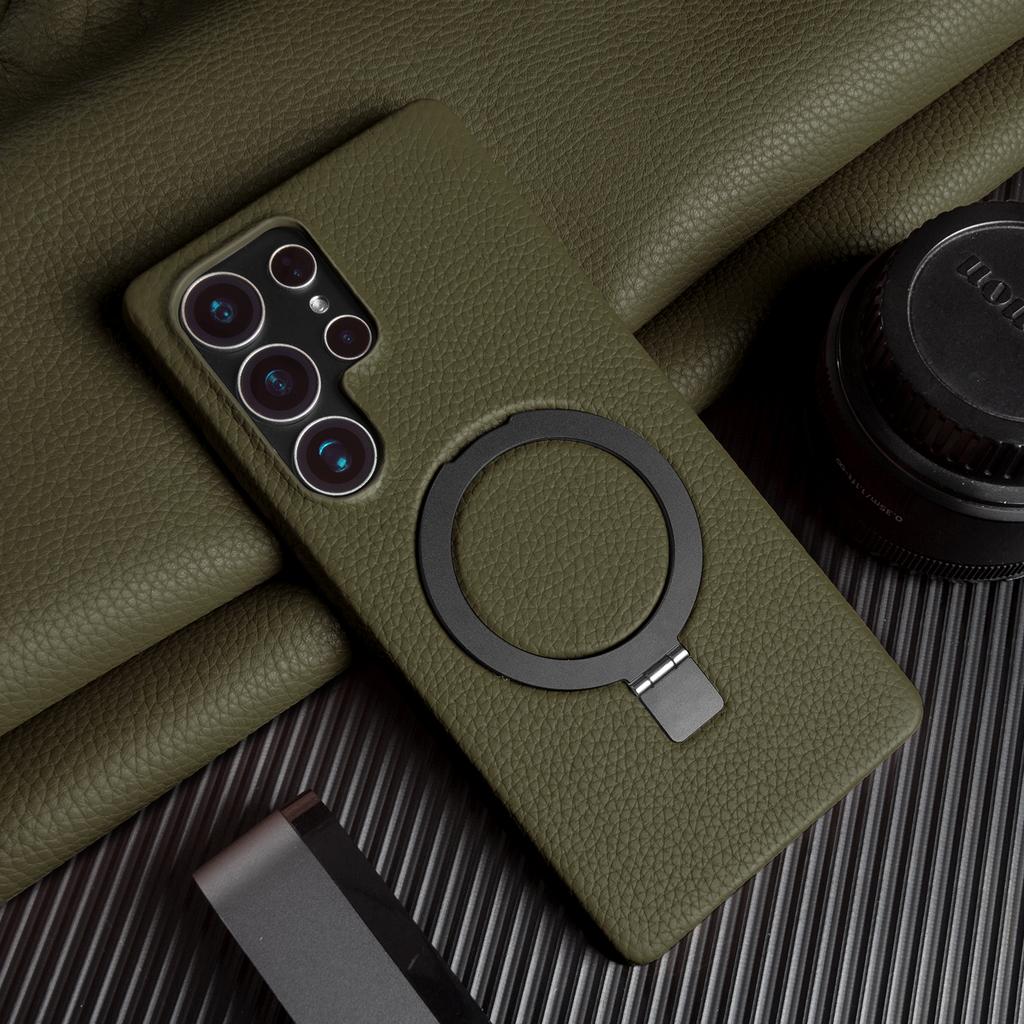 Foldable Bracket Lychee Genuine Leather Case For Samsung Galaxy S26 Ultra S25 FE S24 S23 S22 S21 Plus Back Cover Phone Case Capa