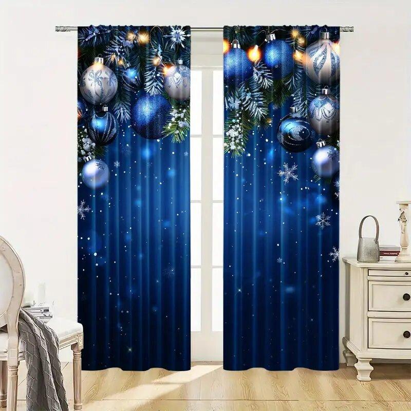 2Pcs - Christmas Curtains, Blue Christmas Balls, Polyester Printed Curtains, Home Decoration, Room Decoration