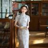 Literary and fresh improved cheongsam women's retro printing national style young new Chinese floral dress daily blue