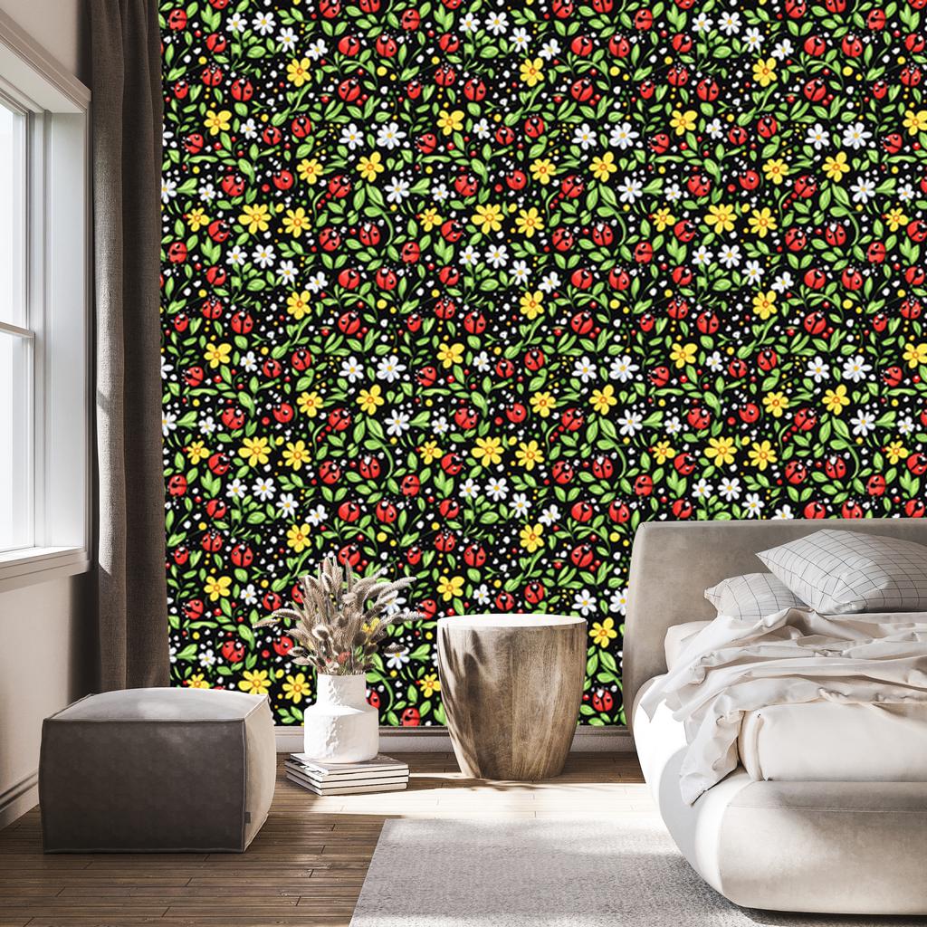 Ladybugs Wallpaper Olive and Yellow for Living Room and Bedroom 50x1000