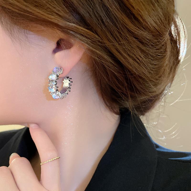 Korean Blue Moonstone C Shape Earrings Girls Aesthetic Zircon Drop Earrings Y2K Jewelry Gifts