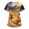 Women's Halloween Printed V-Neck Short Sleeve Scrub Top with Pockets