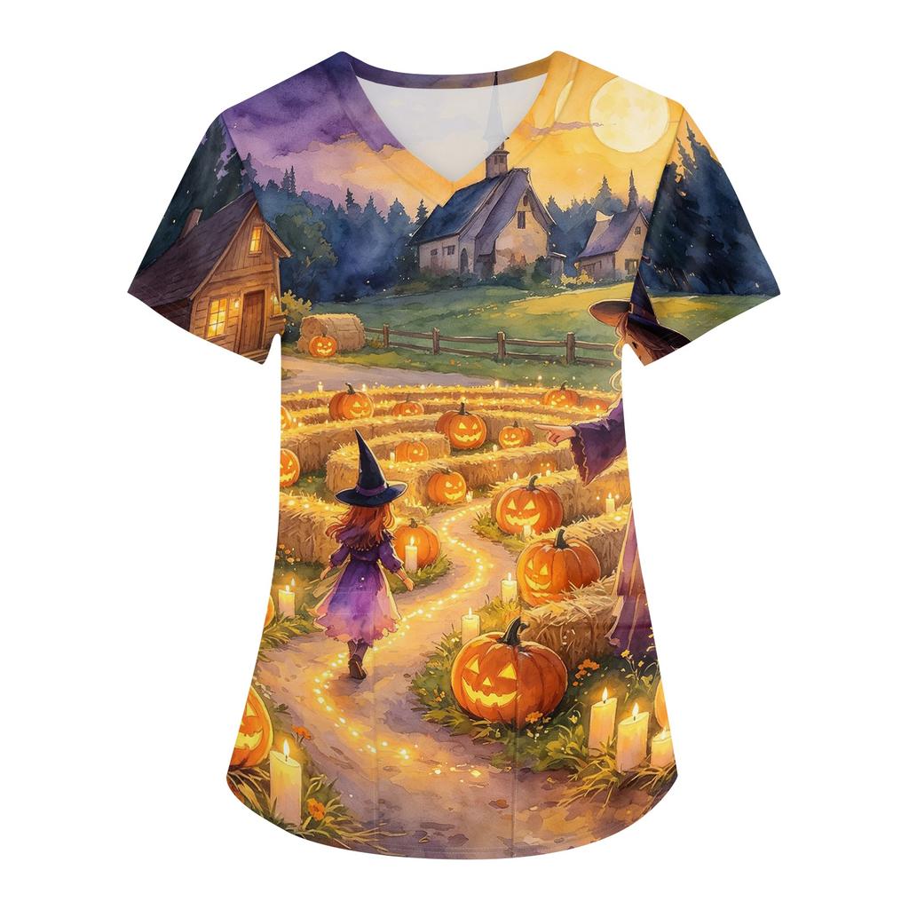 Women's Halloween Printed V-Neck Short Sleeve Scrub Top with Pockets
